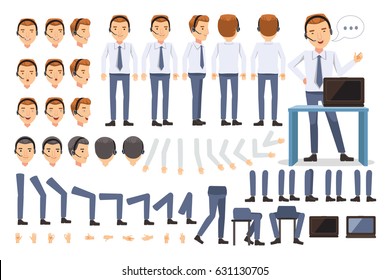 customer service man Character creation set.Icons with different types of faces and hair style, emotions, front,rear,side view of male person. Moving arms, legs.Sit, stand, walk.Vector illustration