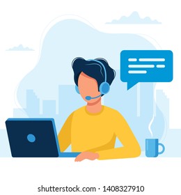 Customer service. Man with headphones and microphone with laptop. Concept illustration for support, assistance, call center. Vector illustration in flat style