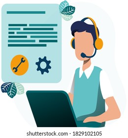 Customer service. Man with headphones and microphone with laptop. Concept illustration for support, assistance, call center. Vector illustration in flat style