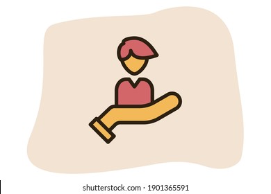 Servicio al cliente con el color de línea rellenado por iconos de man en el negocio del diseño plano y soporte la reflexión.
