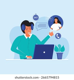 Kundenservice. Telefonzentrale mit Kopfhörer und Mikrofon mit Laptop