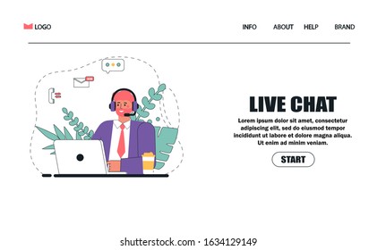 Customer service, man sitting at table with a laptop, with headphones and a microphone, coffee and flowers. Flat style vector illustration landing page, banner.