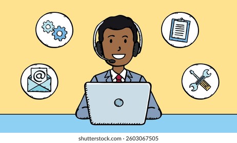 Customer service man working on laptop. Around the character are icons of email, gears, notepad and screwdriver. The man is wearing a headset. Vector graphics in doodle style.
