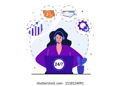 Customer service modern flat concept for web banner design. Woman analyzes data and advises clients around clock on hotline. Financial consultant. Vector illustration with isolated people scene
