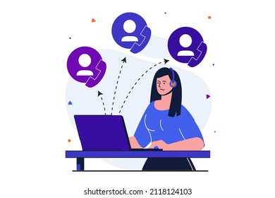 Customer service modern flat concept for web banner design. Woman consultant working on laptop and answering customer calls. Operator works on hotline. Vector illustration with isolated people scene