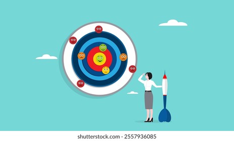 customer service objectives, target ratting point of customer satisfaction, businesswoman targeting excellent smile on dart target using dart arrow