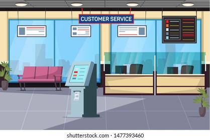 Customer service office flat vector illustration. Bank lobby lounge zone, hall, waiting room interior design. ATM, automated teller machine drawing. Reception desks, windows with city center view