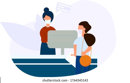 Customer service in the office. Staff. People with face masks in the room. Vector illustration in flat style .