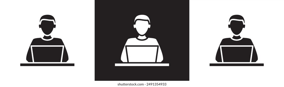 Customer Service Officer icon, User support, CS man with Laptop and Headphon, Support admin icon, Support service and telemarketing, Job icon vector illustration on black and white and transparent.