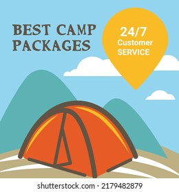 Customer service on camp packages, travel around world and hiking. Adventures and recreation in summer, trips and journeys. Tourist location mountaineering and sleeping in tent. Vector in flat style