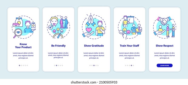 Customer service onboarding mobile app screen. Clients assistance walkthrough 5 steps graphic instructions pages with linear concepts. UI, UX, GUI template. Myriad Pro-Bold, Regular fonts used