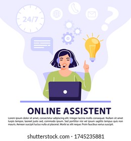 Customer service, online assistant or call center concept. Woman operator with headset talking with client and have solution or idea. Online technical support 24/7. Vector banner illustration.