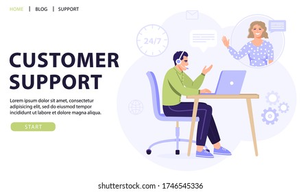 Customer service, online assistant or call center concept. Man operator with headset consulting a client. Online technical support 24/7. Vector web page banner illustration.