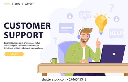 Customer service, online assistant or call center concept. Man operator with headset talking with client and have solution or idea. Online technical support 24/7. Vector web page banner illustration.