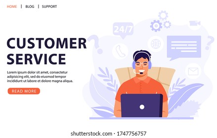 Customer service, online assistant or call center concept. Man operator with headset talking with client. Online technical support 24/7. Vector web page banner illustration.