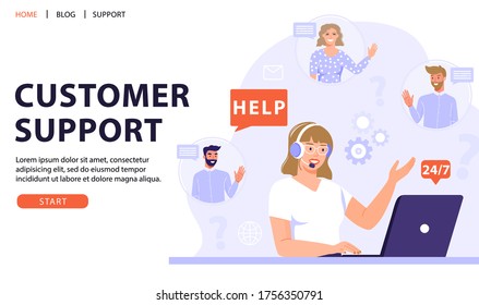 Customer service, online assistant or call center concept. Woman operator with headset talking with clients. Online technical support 24/7. Vector web page banner illustration.