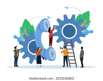 customer service, online global technical support, customer and operator, large handset to advise customers vector, Flat vector illustration on a white background.