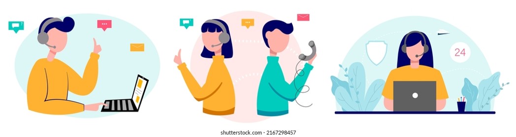 Customer service, online help, call center. Set of vector illustrations.