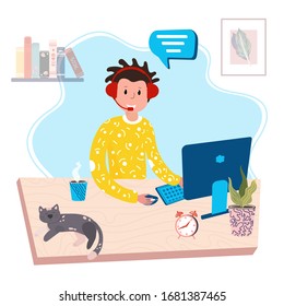 Customer service online from home office. Operator works in helpdesk from home. Assistant with headset. Male is talking with client from home. Student is learning language online. 