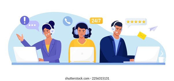 Customer service online. Hotline operator with headphones and microphone advises customers. Call center, client assistance. Live chat technical support