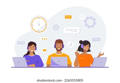 Customer service online. Hotline operators with headphones and microphone advises customers. Call center, client assistance. Live chat technical support. Flat vector illustration.