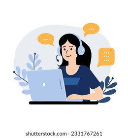 Servicio al cliente, asistencia en línea, centro de llamadas y concepto de operador. Mujer en auriculares con portátil y micrófono, ilustración vectorial