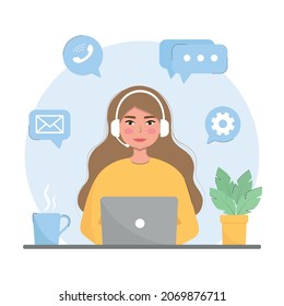 Customer service, online technical support vector illustration. Woman with laptop with headphones and microphone. Flat style, cartoon character.