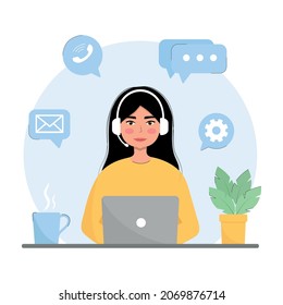 Servicio al cliente, soporte técnico en línea ilustración vectorial. Mujer con portátil con auriculares y micrófono. Estilo plano, caricatura.