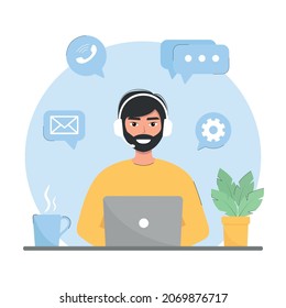 Customer service, online technical support vector illustration. Man with laptop with headphones and microphone. Flat style, cartoon character.