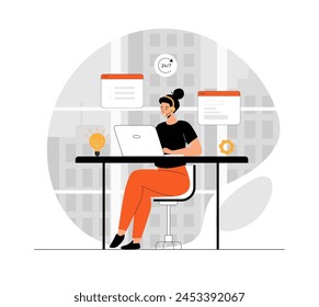 Customer service. Online technical support. Hotline operator woman advises a customer through a laptop. Illustration with people scene in flat design for website and mobile development.