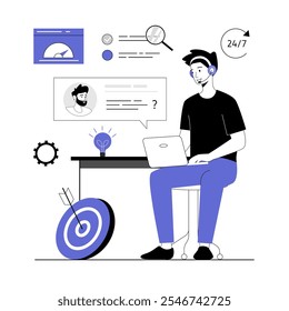 Atendimento ao cliente. Suporte técnico online. Agente de call center com fone de ouvido trabalhando na linha direta de suporte. Ilustração vetorial com pessoas de linha para web design.	
