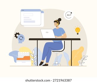 Kundenservice. Technischer Online-Support. Hotline-Betreiber Frau berät einen Kunden über einen Laptop. Flache Vektorgrafik.	
