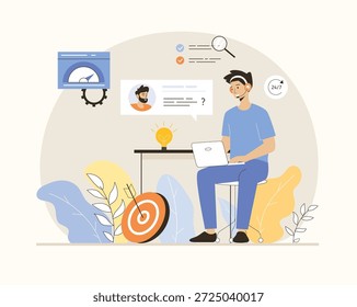 Customer service. Online technical support. Call center agent man with headset working on the support hotline. Flat vector illustration.	
