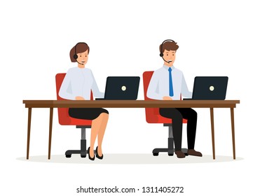 Customer service, operator of call center office consulting a client. Vector illustration isolated on white background.