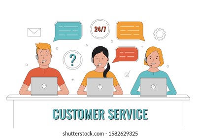 Customer service. Operator of call center office working in headsets. Customer support concept. Vector illustration.