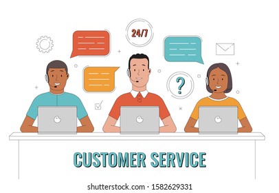 Customer service. Operator of call center office working in headsets. Customer support concept. Vector illustration.