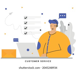 CUSTOMER SERVICE - Operator consult customer with a headset on computer. Technical support, call center. Vector illustration