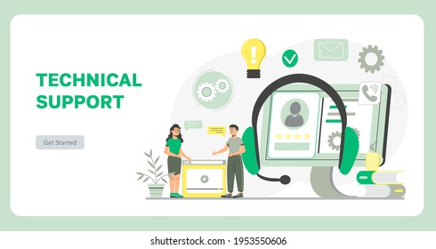 Customer service, operator with headset. Technical support or call center concept vector. Hotline in company illustration. 24 on 7 manager working. Distant tutorial, video blogger conducting stream.