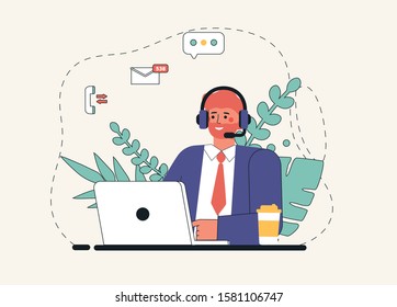 Customer service, operator man sitting at table with a laptop, with headphones and a microphone, around icons support elements, coffee and flowers . Flat style vector illustration. 