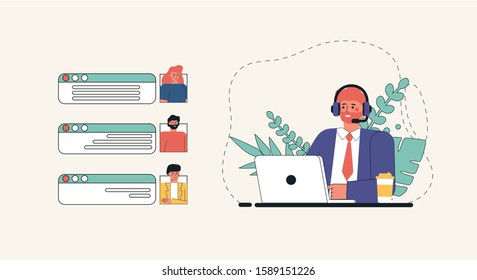 Customer service, operator man sitting at table with a laptop, with headphones and a microphone, around icons support elements, coffee and flowers . Flat style vector illustration.