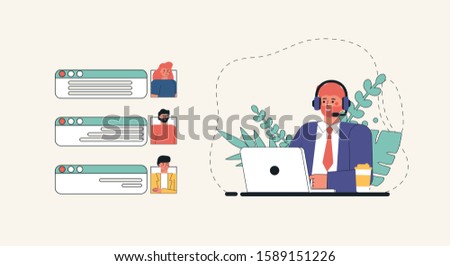 Customer service, operator man sitting at table with a laptop, with headphones and a microphone, around icons support elements, coffee and flowers . Flat style vector illustration.
