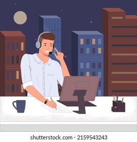 Customer service operator on background of night city. Man working remotely with computer. Home workspace, freelance work vector illustration. Guy dispatcher or support worker and cityscape view