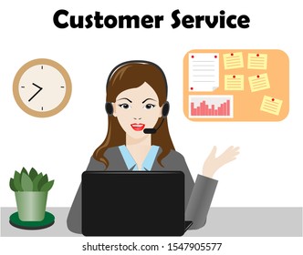 Customer service operator, receptionist with headset at office communicated with customer. Isolated on white background. Vector Illustration.