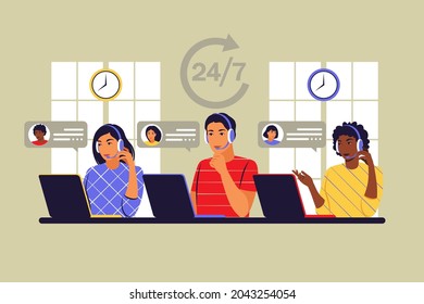 Customer service operators concept. Consulting clients 24 for 7. Virtual call center, handling call system. Vector illustration. Flat