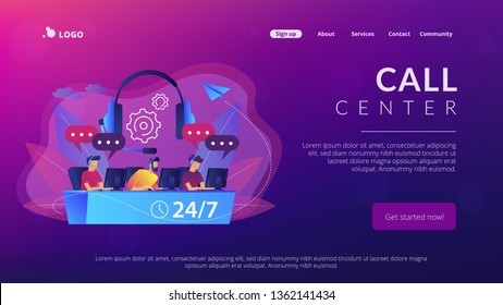 Customer service operators with headsets at computers consulting clients 24 for 7. Call center, handling call system, virtual call center concept. Website vibrant violet landing web page template.