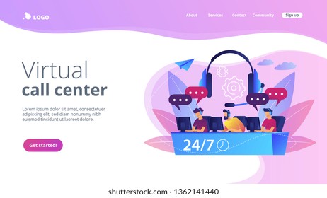 Customer service operators with headsets at computers consulting clients 24 for 7. Call center, handling call system, virtual call center concept. Website vibrant violet landing web page template.
