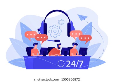 Customer service operators with headsets at computers consulting clients 24 for 7. Call center, handling call system, virtual call center concept. Living coral bluevector isolated illustration