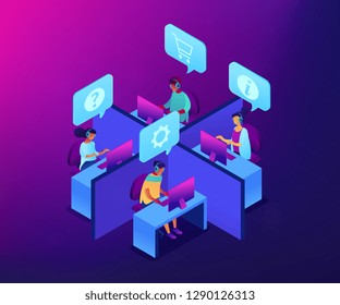 Customer Service Operators Wearing Headsets Answering Phones In The Office. Call Center, Handling Call System, Virtual Call Center Concept. Ultraviolet Neon Vector Isometric 3D Illustration.