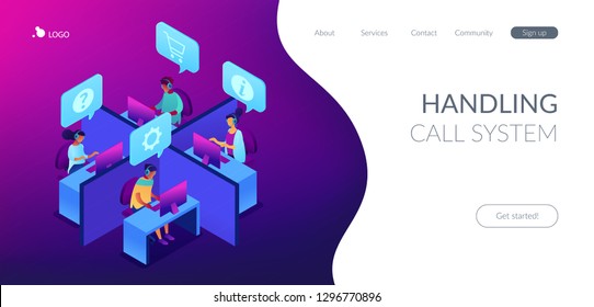 Customer service operators wearing headsets answering phones in the office. Call center, handling call system, virtual call center concept. Isometric 3D website app landing web page template