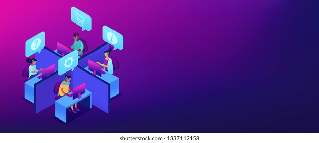 Operadores de servicio al cliente con auriculares respondiendo a teléfonos en la oficina. Centro de llamadas, sistema de llamadas de manejo, concepto de centro de llamadas virtual. Espacio de copia de la plantilla de encabezado de banner 3D isométrico.